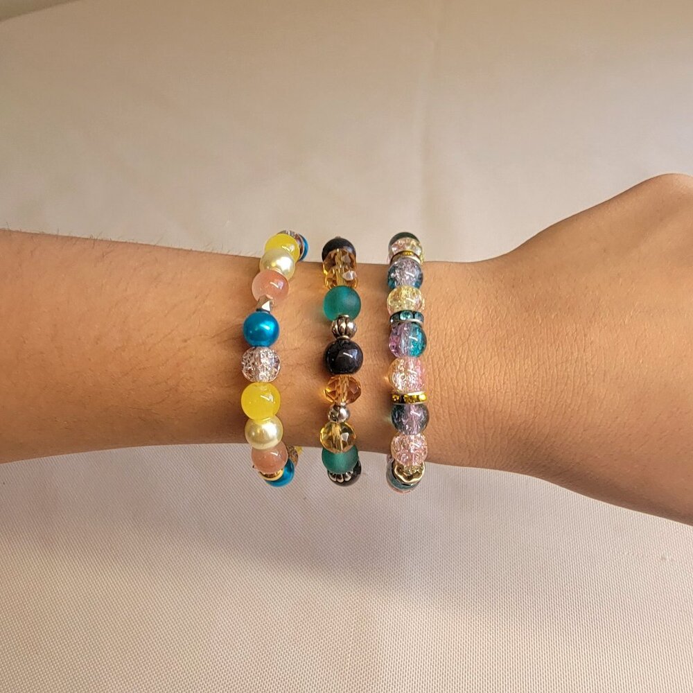 Mix of Turquoise, Yellow, Pink, and Pearl 3 Beaded Bracelet Set, Size S